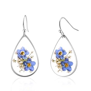 Forget Me Not Earrings Pressed Flower Earrings Embossed Teardrop Earrings Silver Earrings for Women Dangle Earrings Personalized Handmade Earrings