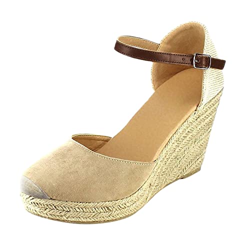Sandales femme talon compensé en paille tressée et lanières de cheville