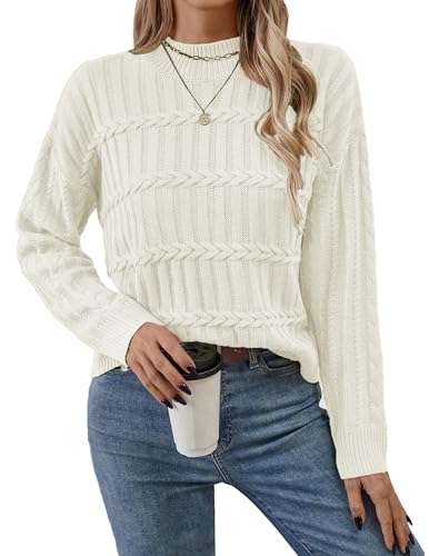 BreathSunny Womens Oversized Cable Knit Sweater Spring 2026 Crew Neck Cute Long Sleeve Soft Cozy Mock Neck Top Trendy Casual Cropped Pullover Sweater White S