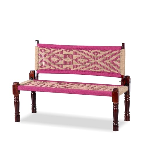 Image of Srima Wooden Bench for Living Room | Handcrafted Sheesham Wood Backrest Bench for Balcony & Garden | Traditional Rajasthani Patio for Outdoor with Cotton Handwoven Rope | Pink & Beige