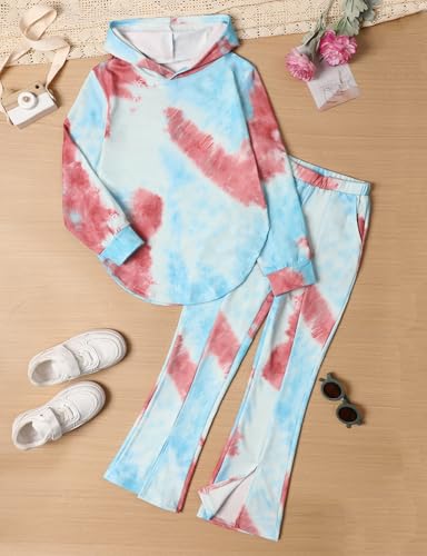 Image of Girls Clothes Tie Dye Sweatsuit Long Sleeve Sweatshirt Tops and Flare Pants 2PCS Girls Fall Clothes