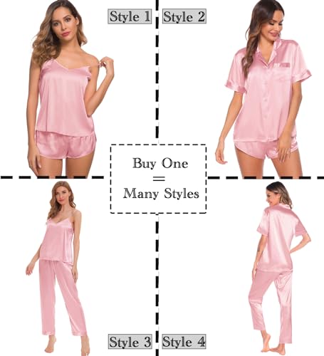 Image of SWOMOG Womens Silk Satin Pajamas Sets 4pcs Sleepwear Sexy Cami Shorts Set and Button Down Short Sleeve Pjs Loungewear