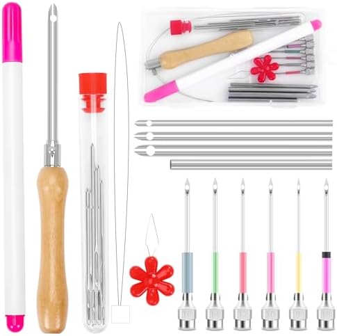 AUGSUN 22Pcs Punch Needle Kit, Punch Needle Tool Adjustable Punch Needle Embroidery Kits Wooden Handle Embroidery Pen for Embroidery Floss Cross Stitching Beginner