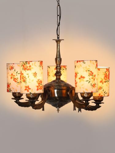 Image of Devansh 05-Light Round Printed Multicolor Cotton Shade Chandelier - Antique Golden Finish | Adjustable Cord | Warm Glow Lamp - Ceiling Light for Living Room, Dining Area, BedroomDecor - D16