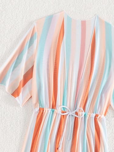 Image of WDIRARA Girl's Striped Waist Tie Front Mini Cover Up Dress Collarless Neck Short Sleeve Kimono Bathing Suit
