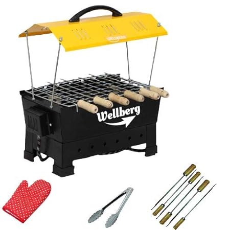 Wellberg Portable Picnic Iron Barbeque Charcoal Grill with 6 Wooden Handle Skewers & Tong (Black) Electric Grill