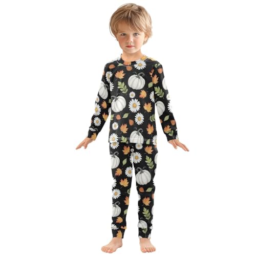 Pajama Sets Long Sleeve White Pumpkin Floral Leaves Soft Comfy Sleepwear 2 Piece PJS 3-8T2