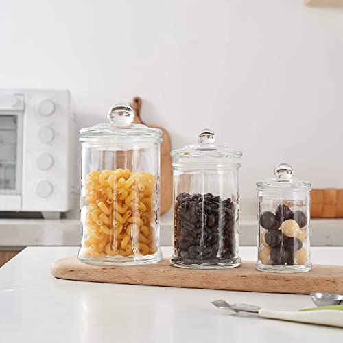 Kmwares 3Pcs Set Small Mini Clear Glass Premium Quality Apothecary Jars With Lids Bathroom Accessories Set For Bathroom Laundry Room Storage Or Kitchen / Vanity Organizer Canisters For Cotton Balls / Swabs, Makeup Sponges, Bath Salts, Q-Tips (Clear) #TOP4