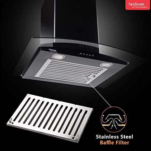 Image of Hindware 60cm 1100 m3 /hr Chimney (Sabina Black 60, 1 Baffle Filter, Black), Free 1 Year Extended warranty