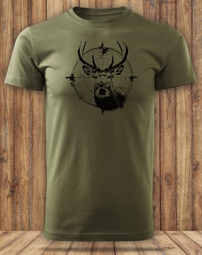 HUNT-G61 - Koszulka dla Myśliwego - T-shirt męski - z Bawełny, Wygodny Krój - Idealny Prezent dla Myśliwych, Leśniczego - Kolor Zielony, Motyw Glowa byk w celowniki - Rozmiar S