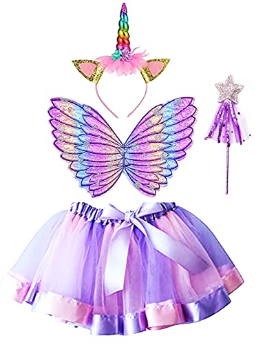 Unicorn Wing Princess Skirt Set, 4Pcs Dress Up Costumes with Tutus Dress Butterfly Fairy Wing Star Wand and Unicorn Headband for Girls Birthday Halloween Party Dress Up