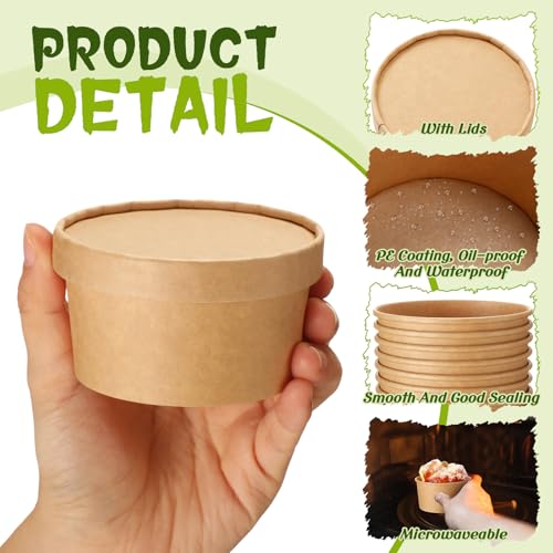 Image of Fulmoon 4 oz 100 Pack Paper Containers with Lids Soup Bowl Cup, Brown | Disposable Ice Cream Cup, Kraft Food Containers with Vented Lid Stackable for Hot Soup Dessert Cake Fruit Microwave Takeout