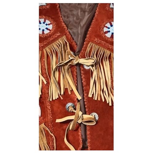 Men's Traditional Cowboy Western Vest | Brown Native American Style Suede Leather Vest Golden Fringe & Bead3