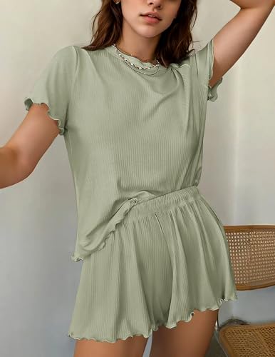 Ekouaer Womens Pajamas 2 Piece Ribbed Knit Pjs Short Sleeve Sleepwear Set Summer Soft Pajamas Set Casual Lounge Sets2
