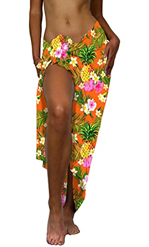 King Kameha - Sarong funky Hawaii - Paréo de plage - Couvre bikini pour femme - Accessoire de bain décontracté - Maillot de bain - Imprimé ananas, feuilles, L