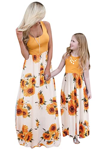 OMZIN Mamma E Me Maxi Abiti Floral Printed Easter Tank Dress Senza Maniche Madre E Figlia Abbinamenti Fiore Giallo S