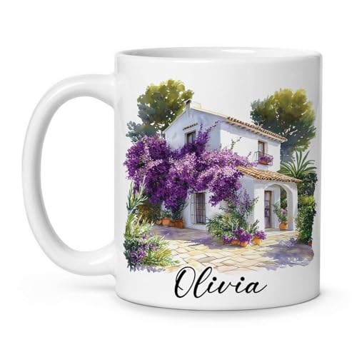 Personalized Nature Scene Ceramic Mug, Custom Name Coffee Cup, Gift For Nature Enthusiasts, Customized Mediterranean House Mug With Bougainvillea Floral, Unique White Cup 11oz 15oz