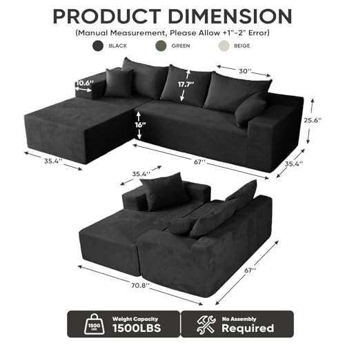 Image of Boneless Couch, 102.4 inch Sectional Couches for Living Room with L Shape Sofa | Cloud Couch Sectional with Chaise, Modular Cloud Sofa with Deep Seat, No Assembly, Black, Corduroy, Left Chaise