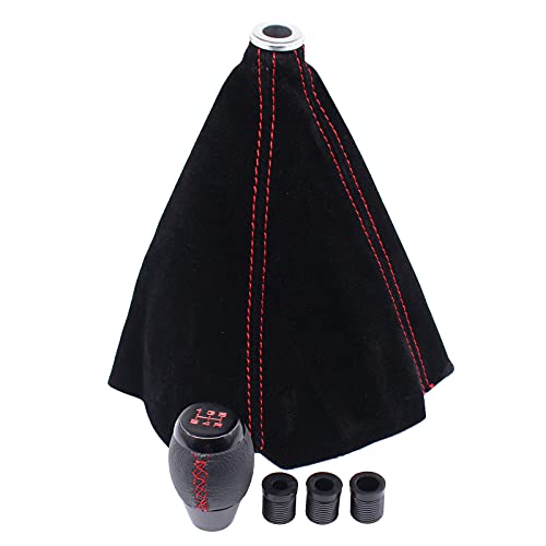 Xtremeamazing 5 Speed Black Leather Gear Shift Knob And Suede Boot Red Stitch Shifter Lever Boot Knob Cover Combo Kit #TOP1