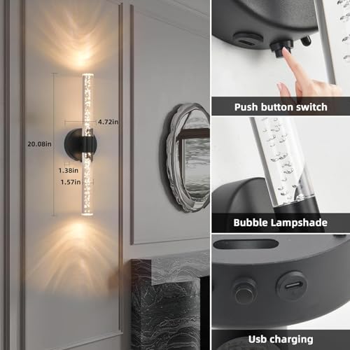 Image of Battery-Operated Wall Sconces Set of 2, Black 20'' Rechargeable Crystal Bubble Wall Sconce with Remote Control, 3000K-6000K Dimmable LED Wireless Wall Lights for Living Room Bedroom Hallway