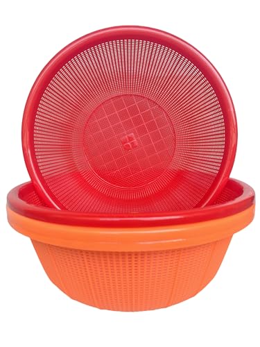 Image of 4 Pcs Large Plastic Wash Basket Round Perforated Colander Wash Vegetables and Fruits Drain Cooked Pasta Kitchen Essentials Food Strainer Basket Strainer Kitchen Red Orange color