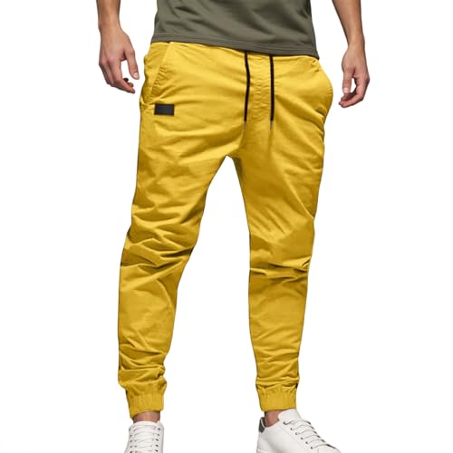 Pantalon cargo décontracté pour homme avec cordon de serrage - Pantalon chino pour randonnée, extérieur, jogging, jaune, XL