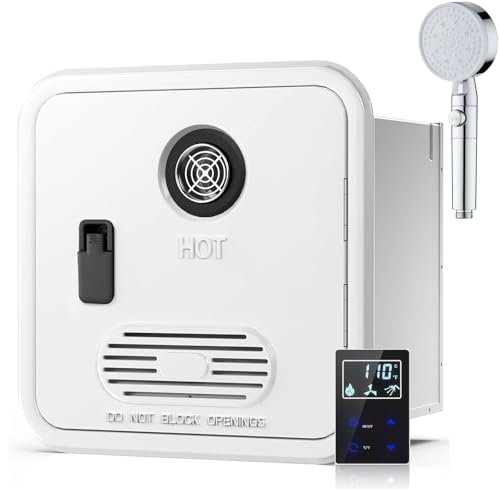 Calentador de agua sin tanque para autocaravanas 55,000BTU, 12V, 3.9 GPM, puerta de acceso 16x16in, control remoto, disponible para gran altitud, instantáneo a demanda(White,With Shower Head)