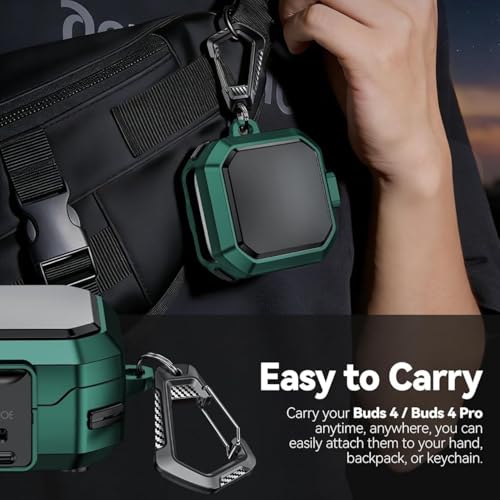 Image of Oboe Tough Case 'Compatible with' Samsung Galaxy Buds 4 & 4 Pro Case with Secure Lock Clip & Keyring (Green) [Buds & ChargingCase NOT Included]