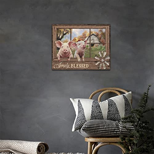 Farm Pig Wall Art Window Simply Blessed Cute Pigs Pictures Wall Decor Farmhouse Animal Pig Canvas Print Painting Rustic Funny Pig Decor Artwork For Bedroom Living Room Framed Ready To Hang 12"X16" #TOP1