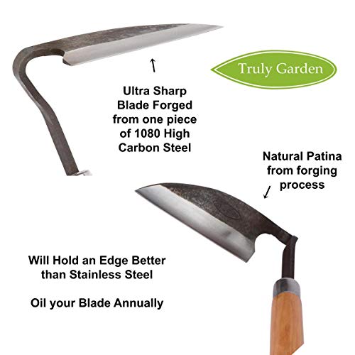 Truly Garden Sickle Style Hand Weeder Tool with Thick Leather Sheath and Sharpening Stone