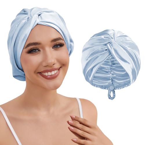 HFRHTGY Adjustable Silk Satin Hair Bonnet for Sleeping Women Hair Wrap, Double Layer Night Turban, Sleep Cap for Natural Curly Straight Unisex - Sky Blue