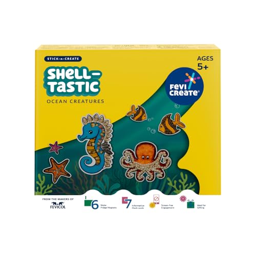 Image of Fevicreate Stick-n-Create Shell-Tastic Ocean Creatures Kit | Shell & Sand Art | Ocean Creatures | Fridge Magnets | Informative Flash Cards | Screen-Free Play | Gifting | Ages 5+