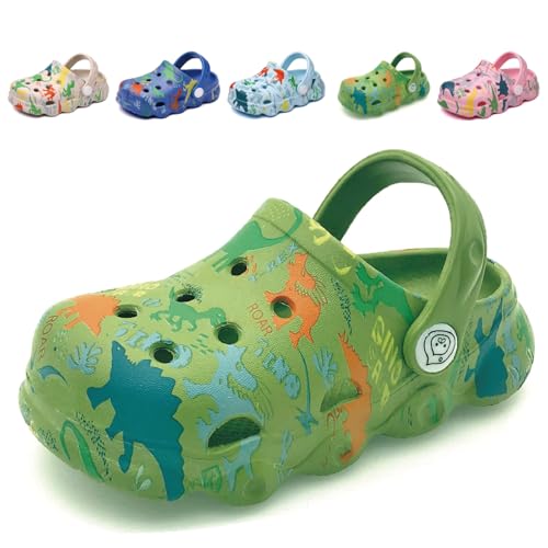 Kinder Clogs Pantoletten Jungen Gartenschuhe Gr.22-30 EU Leicht Atmungsaktiv Dinosaurier Gartenclogs Strand Sandalen Hausschuhe für Mädchen Grün EU 22 (Etikettengröße 140mm)