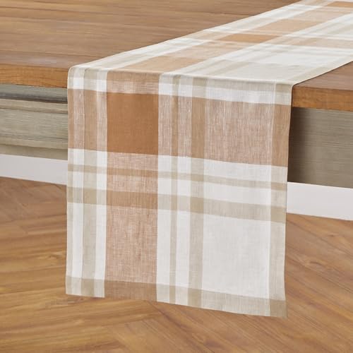 Solino Home Linen Plaid Table Runner 120 Inches Long - 100% Pure Linen Fall Harvest Table Runner 14 x 120 Inch for Dining