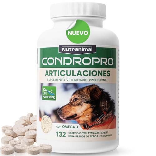 Condroprotector Perros con 132 Tabletas Masticables de 12 Activos Naturales: Glucosamina, Condroitina, Hyaluron, Omega 3 de Krill Antártico (EPA y DHA), Astaxantina... Vet formulado en España