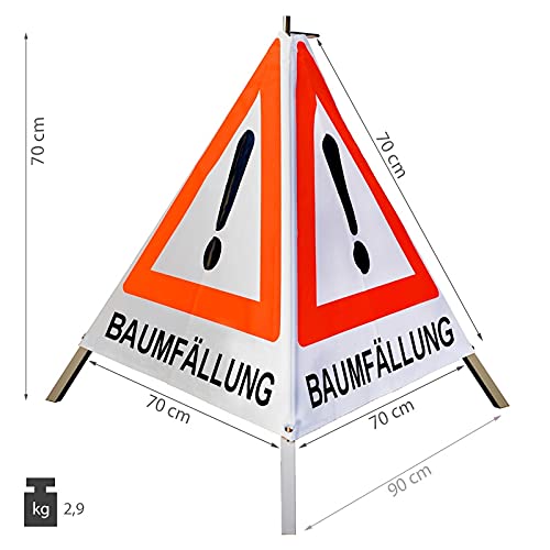 Warnpyramide/Faltsignal - BAUMFÄLLUNG - VZ101-Ausrufezeichen (1 - tagesleuchtend weiß, 70 cm schwer mit Federmechanismus)