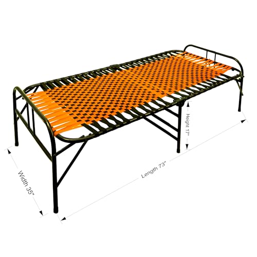 Image of Casa Copenhagen, Portable Single Folding Bed Heavy Duty Metal Cot Khat for Sleeping Bed Space Saving Design Sturdy Synthetic Niwar feet - Orange & Jet Black