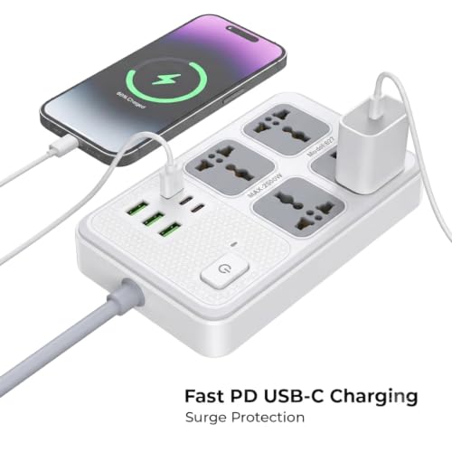 Image of Power Strip with 4 Universal Sockets with Child Security + 4 USB Ports + 2 Type-C Port, High Temperature Fuse Protector, 1500W with 2 Meter Cable, Wall Mountable Multi Plug for Home - White