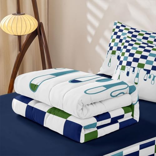 Image of Blue Green Checkered Zipper Bedding Twin - 4 Piece Zip Up Comforter Set with Fitted Sheet & Pillowcases,Soft Bed-in-a-Bag Set for Bunk Beds & Rvs,Checkerboard Drip Indie Aesthetic Funky Geometric