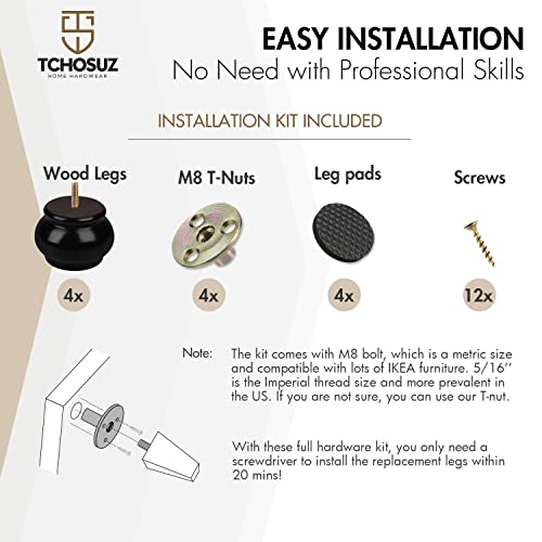 2 Inch Wooden Furniture Legs,Tchosuz 5Cm Solid Bun Feet With 5/16 Inch Bolt,Modern Mid-Century Carved Sofa Couch Feet Furniture Replacement Legs For Diy Cabinet Cupboard Chair Ottoman,Set Of 4,Black #TOP4