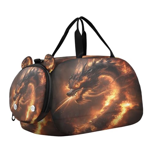 Gym Travel Duffle Bag for Boys Girls Fire-breathing Dragon Sports Dance Bag with Shoe Compartment & Wet Pocket Football Kids Travel Bag Teens Sleepover Carry