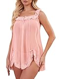 Vicarly Sexy Split Side Lace Ruffle Bows Mesh Sheer Babydoll Lingerie Dress with Thong Set 2 Piece Women See Through Chemise Negligee Nightgown Pink Large
