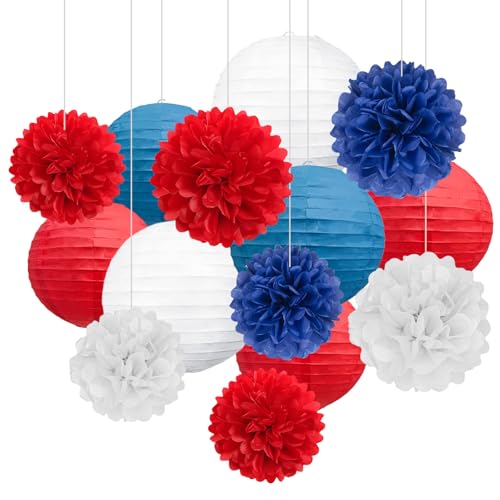 Image of 18 PCS Red White Blue Paper Lanterns & Tissue Paper Pom Poms for July 4th Independence Day, Memorial Day, Baseball Party, Patriotic Veteran Celebration Theme Party Decoration Set Supplies