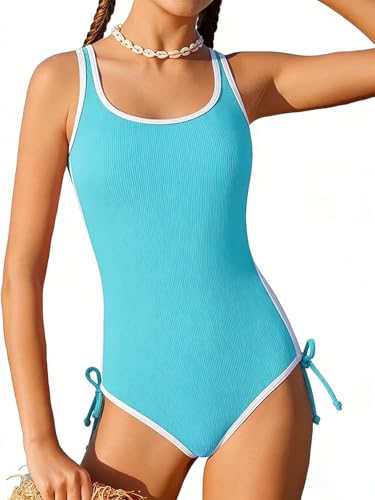 Image of Girls One Piece Swimsuits Ribbed Bathing Suit Teen Girls Adjustable Straps Drawstring Athletic Swimwear Swim Suit