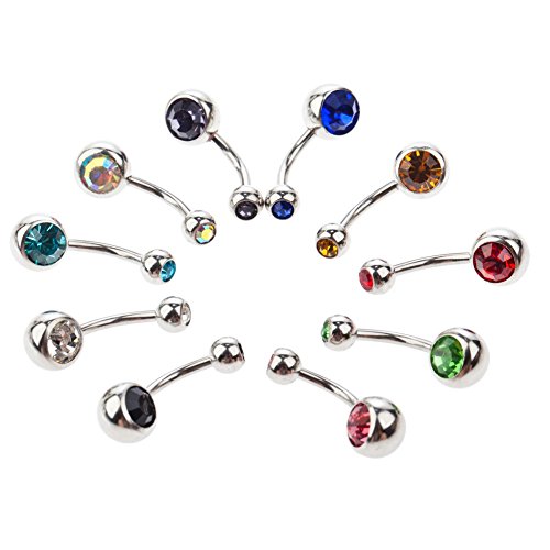 VAGA Belly Button Rings Women Body Jewelry Piercing Great Value High Quality Pack of 10pcs stainless steel Belly Button Navel 14 Gauge Piercings With Crystals Gems In Different Colours
