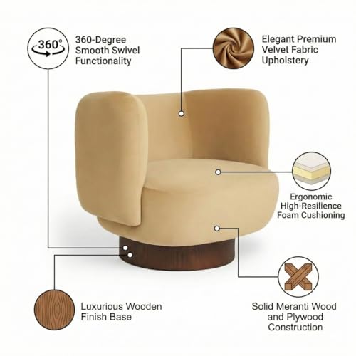 Image of Kingsman Furnitures Nova Swivel Accent Arm Chair for Home | Bedroom, Living, Dining & Drawing Room | Ultra Soft and Comfortable (Soft Caramel Brown Velvet)