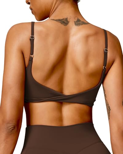 Image of QUOJIZY Sports Bras for Women Open Back Workout Tops for Women Yoga Bra Spaghetti Straps Twist Back