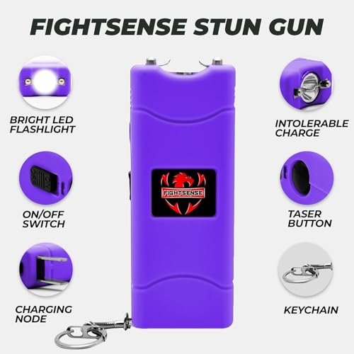 FIGHTSENSE Mini Stun Gun Keychain & Pepper Spray Combo Pack for Self Defense Kit - Extremely Powerful Stun Gun Flashlight for Women (Violet) - Thumbnail 2