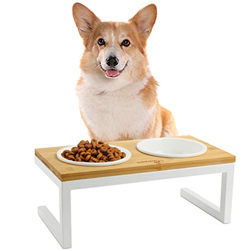 プレミアムエレベータペットフィーダー（犬猫用）、竹製のペットボウルには2つのセラミックボウル（ストングステンレス鋼フレーム付き）が含まれています