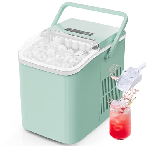 Image of Sweetcrispy Countertop Ice Maker with Scoop, Basket and Handle, Portable Ice Machine 9 Ice Cubes Ready in 6 Mins, 26.5lbs in 24Hrs, 2 Sizes for Home Kitchen Office Bar Party, Green